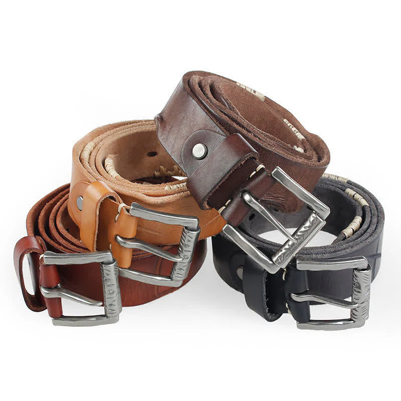 Men's Distressed Retro White Line Decor Leather Belt - Image 2