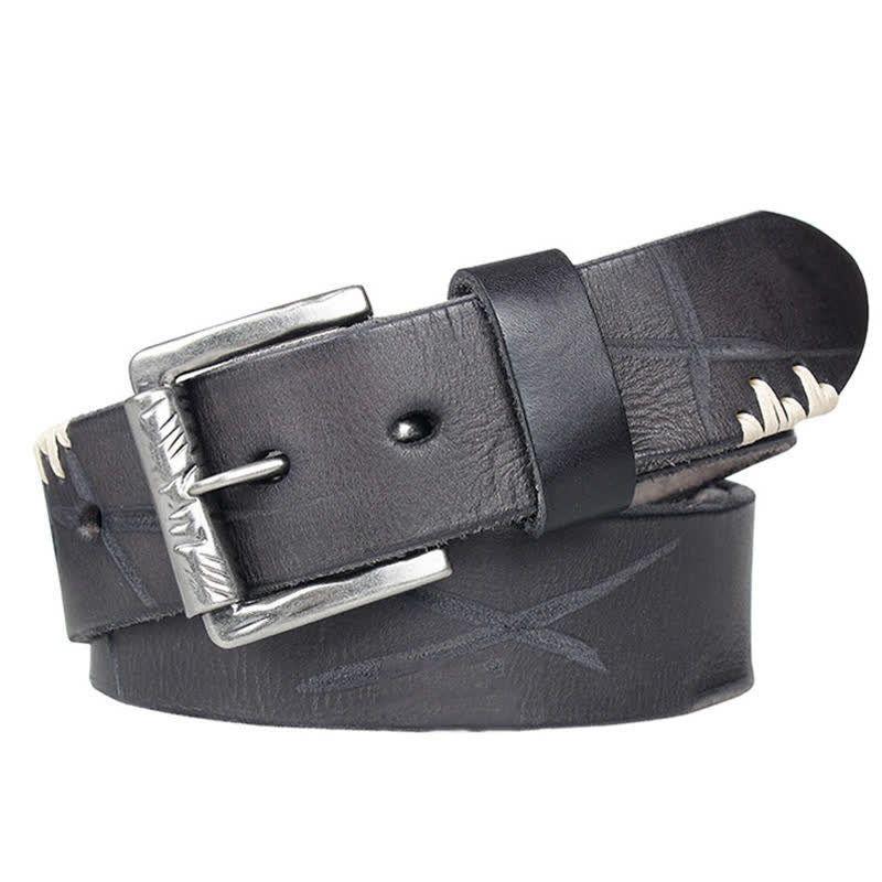 Men's Distressed Retro White Line Decor Leather Belt - Image 9