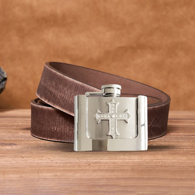 Men's DIY 2oz. Cross Rhinestone Leather Belt with Hidden Flask - Image 8