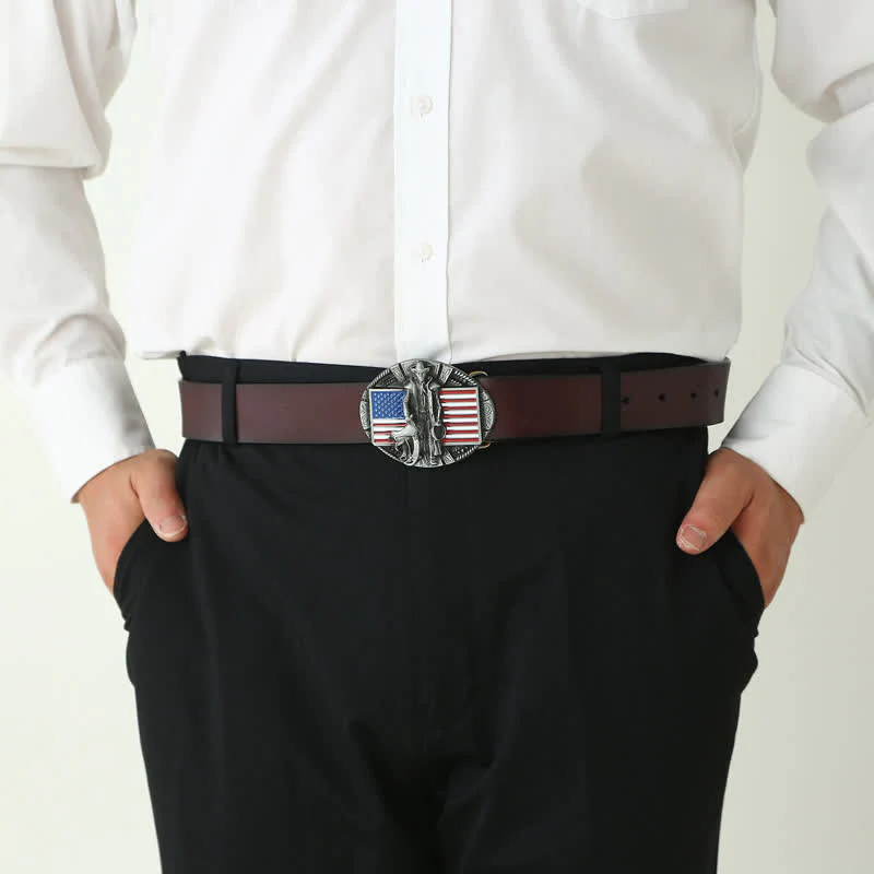 Men's DIY American Flag Cowboy Buckle Leather Belt - Image 3