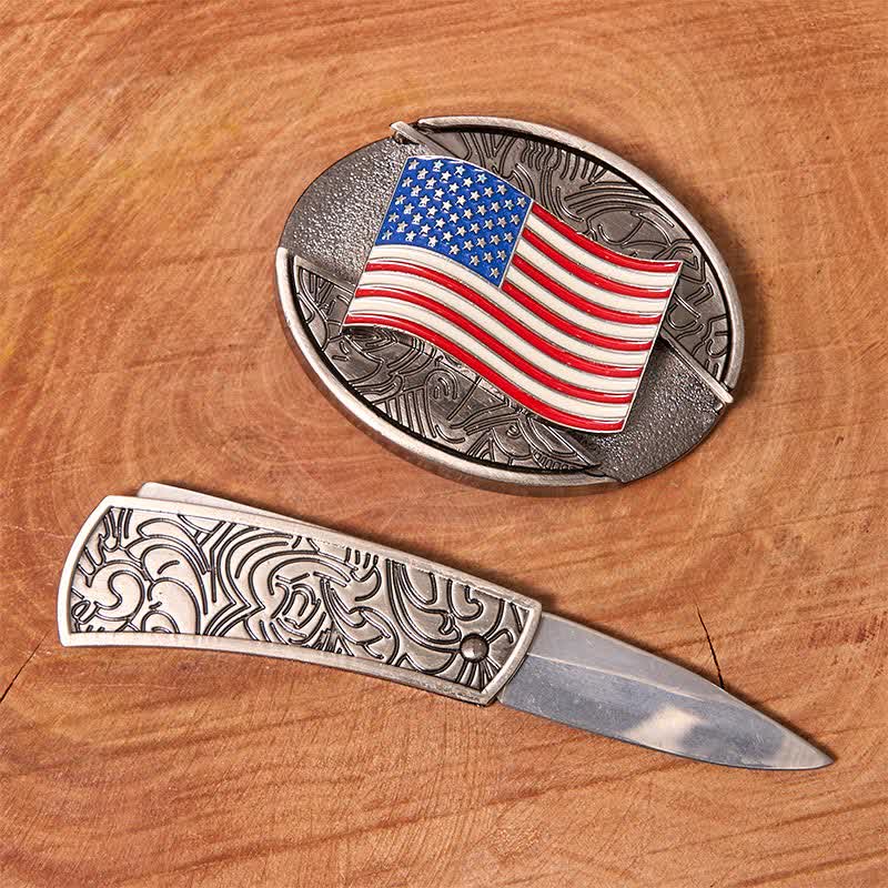 Men's DIY American Flag Hidden Folding Knife Leather Belt - Image 2