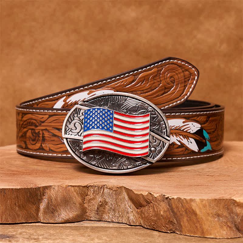 Men's DIY American Flag Hidden Folding Knife Leather Belt - Image 9
