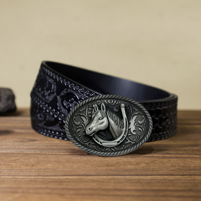 Men's DIY Antique Silver Horseshoe Buckle Leather Belt - Image 10