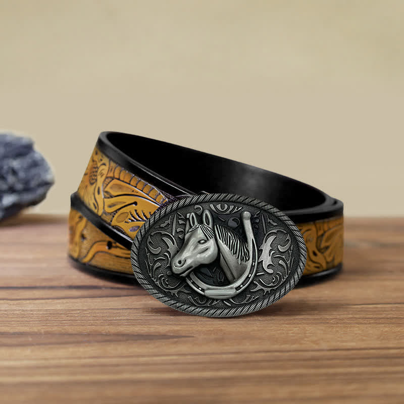 Men's DIY Antique Silver Horseshoe Buckle Leather Belt - Image 14