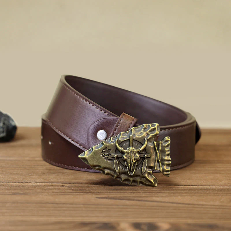 Men's DIY Arrowhead Shaped Bull Buckle Leather Belt - Image 13