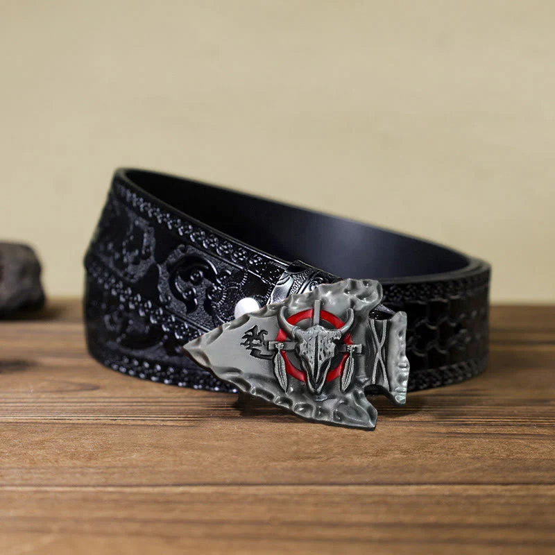 Men's DIY Arrowhead Shaped Bull Buckle Leather Belt - Image 15