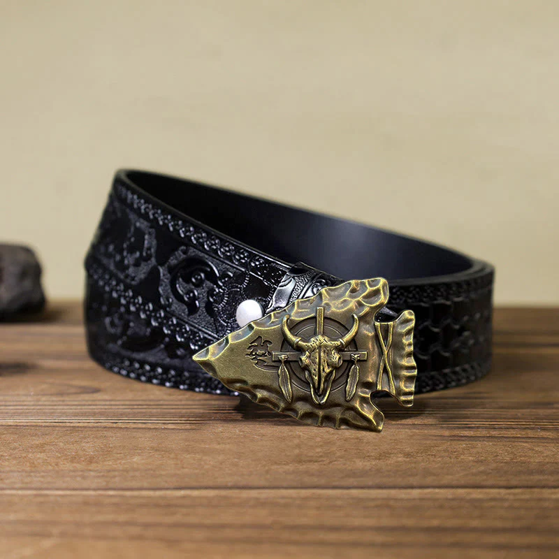 Men's DIY Arrowhead Shaped Bull Buckle Leather Belt - Image 16
