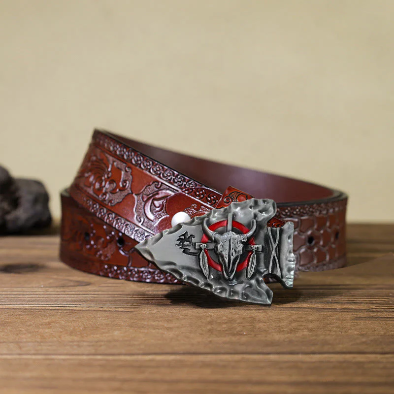 Men's DIY Arrowhead Shaped Bull Buckle Leather Belt - Image 18