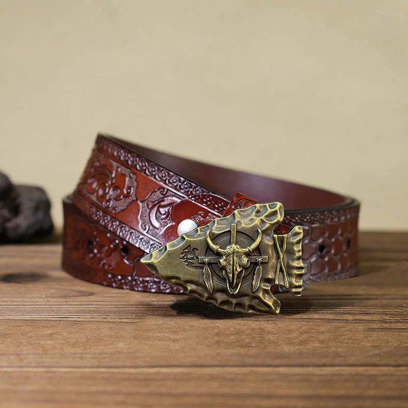 Men's DIY Arrowhead Shaped Bull Buckle Leather Belt - Image 19