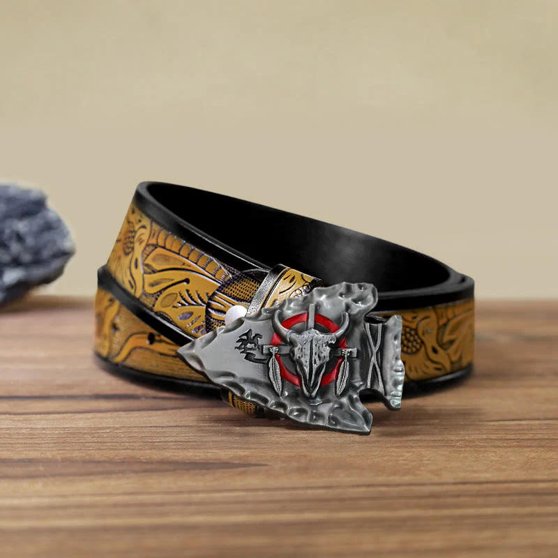 Men's DIY Arrowhead Shaped Bull Buckle Leather Belt - Image 21