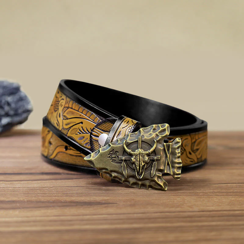 Men's DIY Arrowhead Shaped Bull Buckle Leather Belt - Image 22
