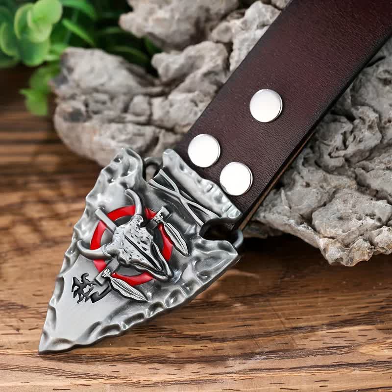 Men's DIY Arrowhead Shaped Bull Buckle Leather Belt - Image 3
