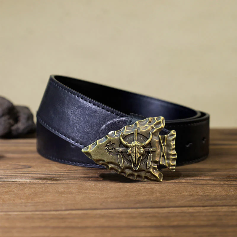 Men's DIY Arrowhead Shaped Bull Buckle Leather Belt - Image 7