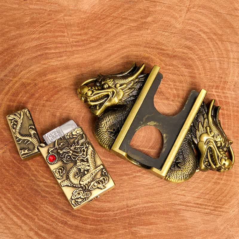 Men's DIY Bronze Double Dragons Leather Belt with Hidden Lighter - Image 4