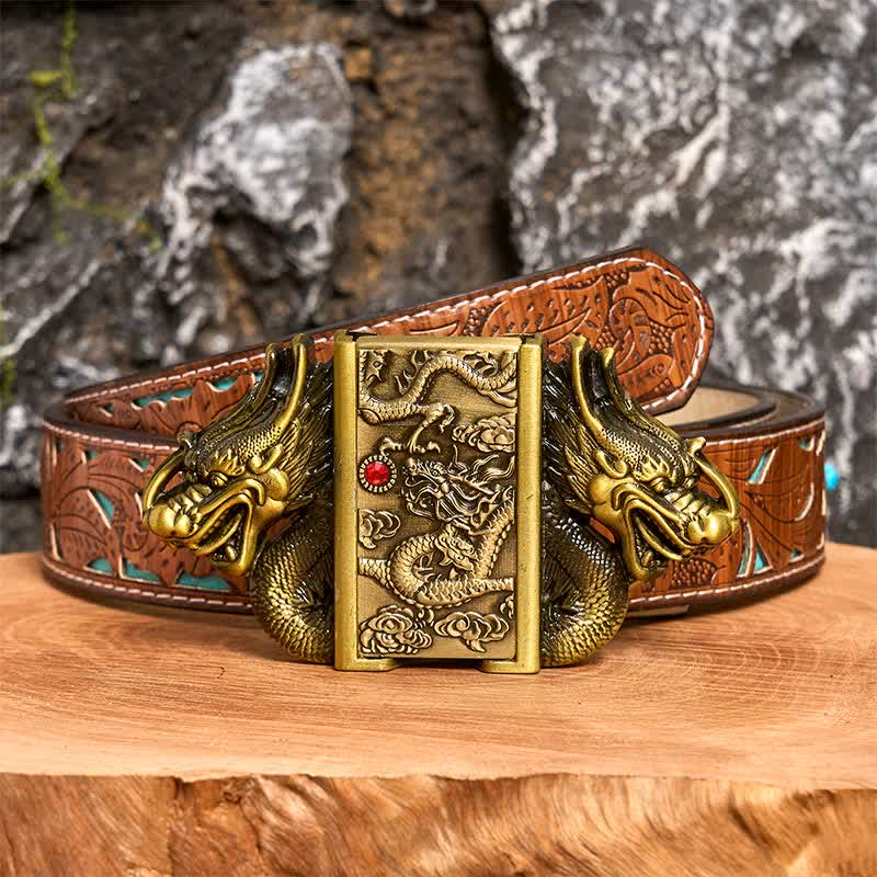 Men's DIY Bronze Double Dragons Leather Belt with Hidden Lighter - Image 7