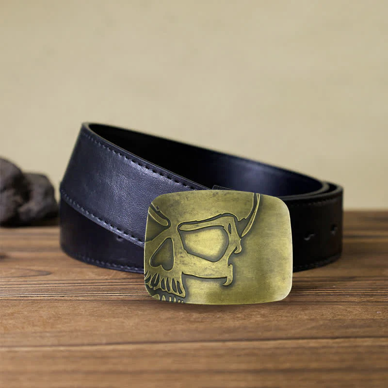 Men's DIY Bronze Embossed Skull Buckle Leather Belt - Image 4