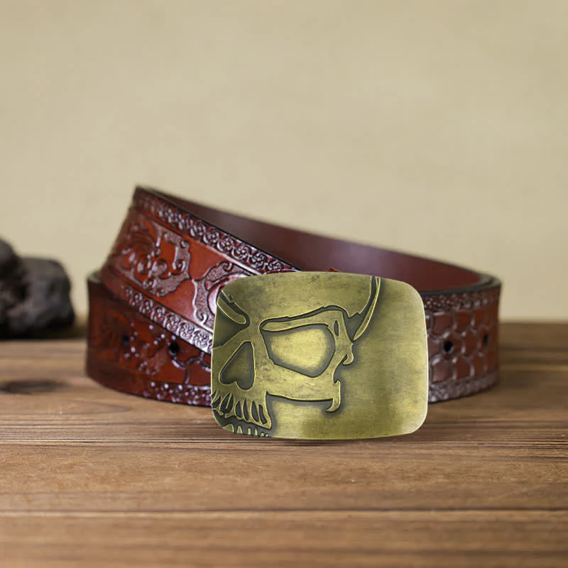 Men's DIY Bronze Embossed Skull Buckle Leather Belt - Image 8