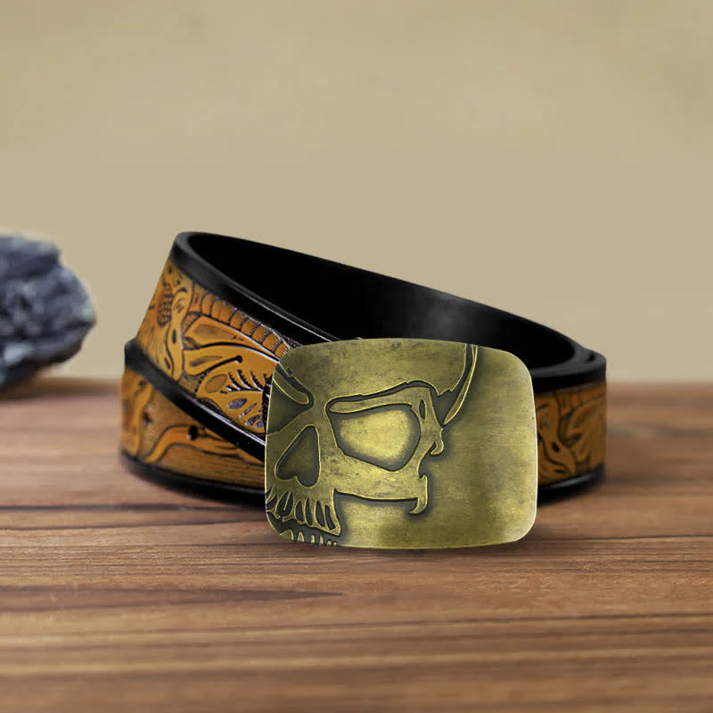Men's DIY Bronze Embossed Skull Buckle Leather Belt - Image 9