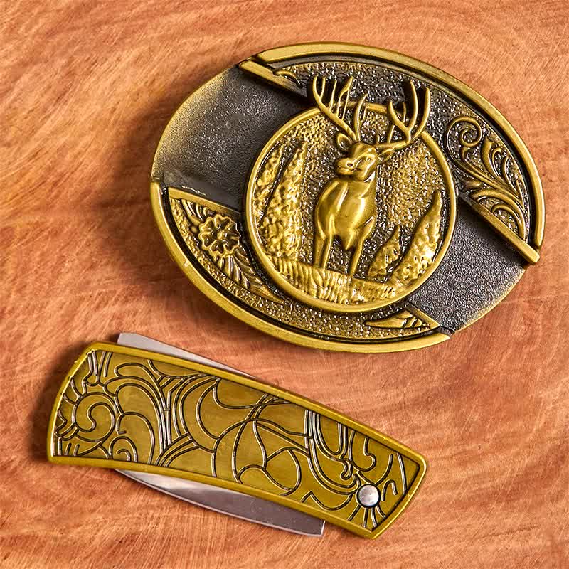 Men's DIY Bronze Forest Deer Hidden Folding Knife Leather Belt - Image 4