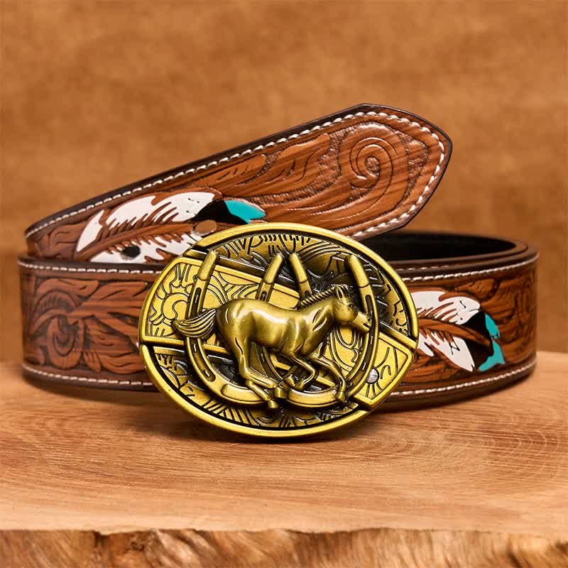 Men's DIY Bronze Galloping Horse Hidden Folding Knife Leather Belt - Image 10