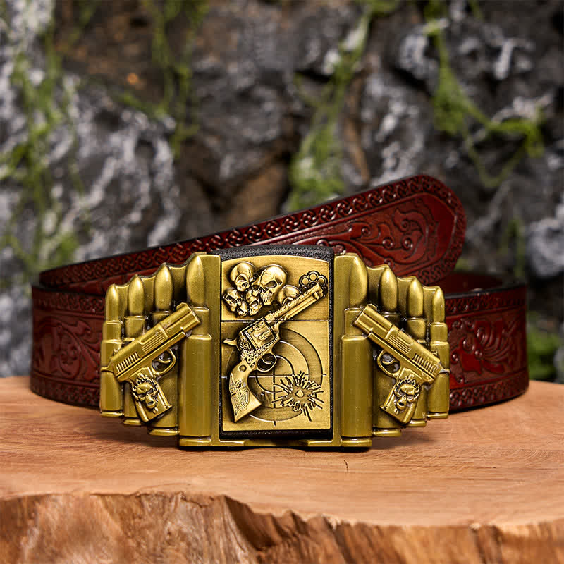 Men's DIY Bronze Gun & Skull Pattern Leather Belt with Hidden Lighter - Image 10