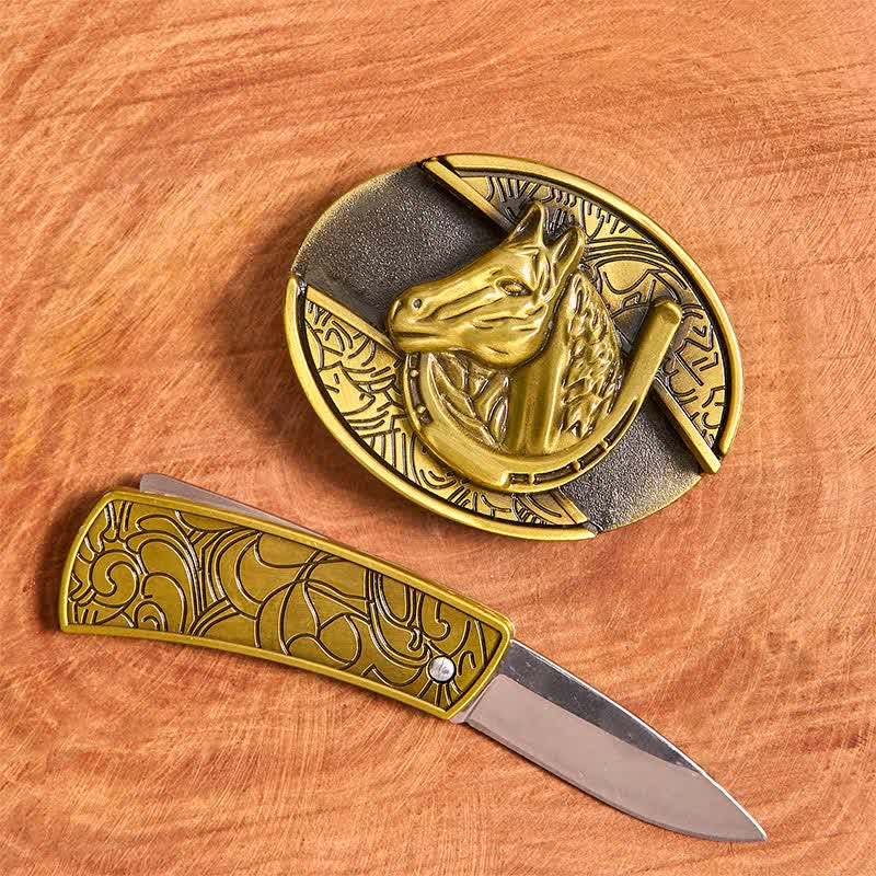 Men's DIY Bronze Horse Head Hidden Folding Knife Leather Belt - Image 2