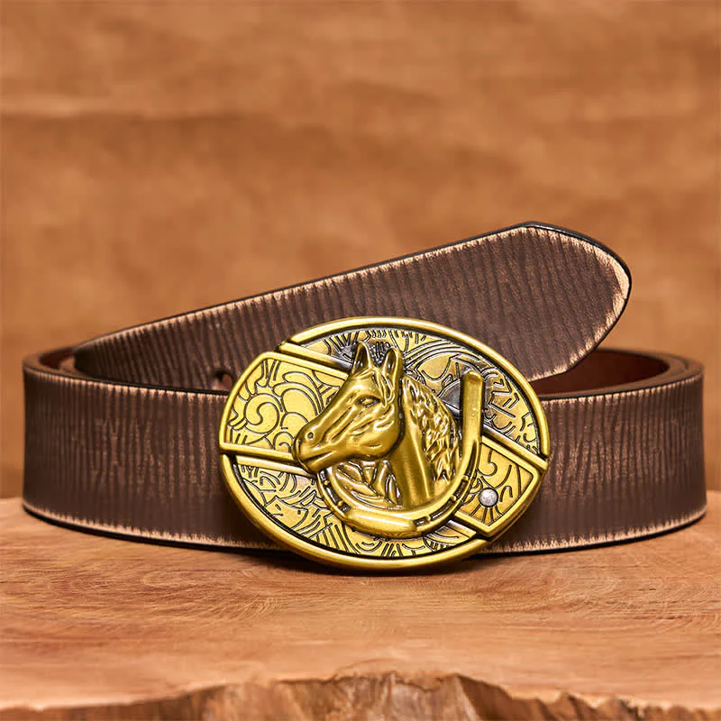 Men's DIY Bronze Horse Head Hidden Folding Knife Leather Belt - Image 9