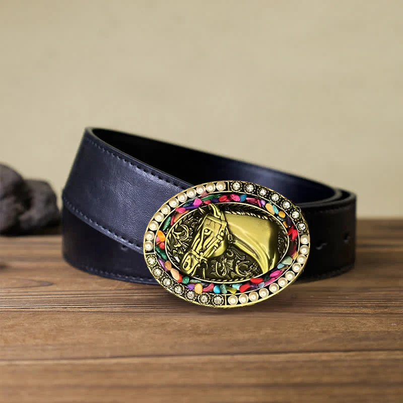 Men's DIY Bronze Horse Pearl Stone Buckle Leather Belt - Image 3