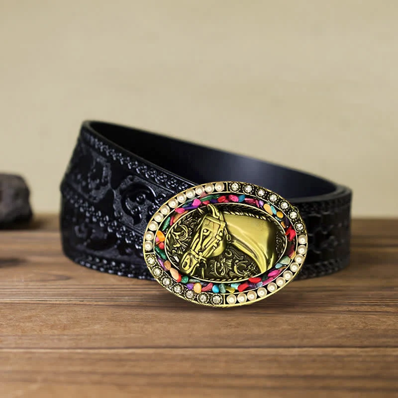 Men's DIY Bronze Horse Pearl Stone Buckle Leather Belt - Image 6