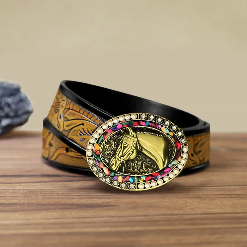 Men's DIY Bronze Horse Pearl Stone Buckle Leather Belt - Image 8