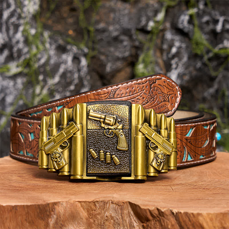 Men's DIY Bronze Loaded Gun Pattern Leather Belt With Hidden Lighter - Image 7