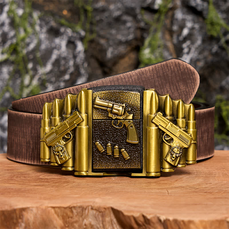 Men's DIY Bronze Loaded Gun Pattern Leather Belt With Hidden Lighter - Image 9