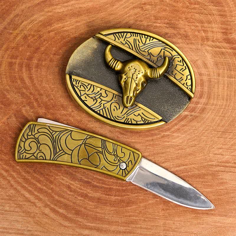 Men's DIY Bronze Longhorn Bull Hidden Folding Knife Leather Belt - Image 2