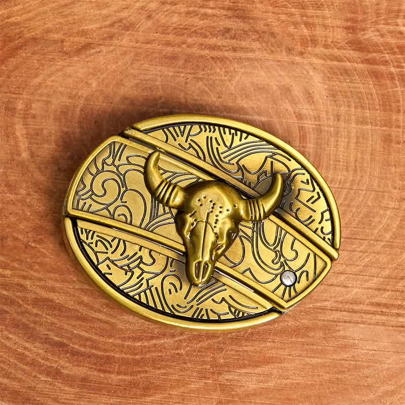 Men's DIY Bronze Longhorn Bull Hidden Folding Knife Leather Belt - Image 4