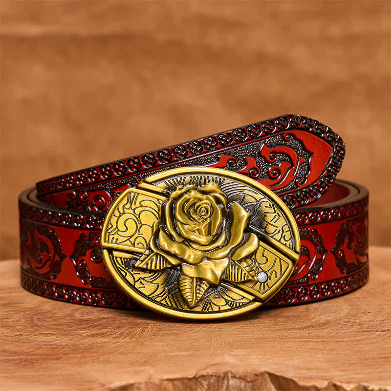 Men's DIY Bronze Rose Hidden Folding Knife Leather Belt - Image 8