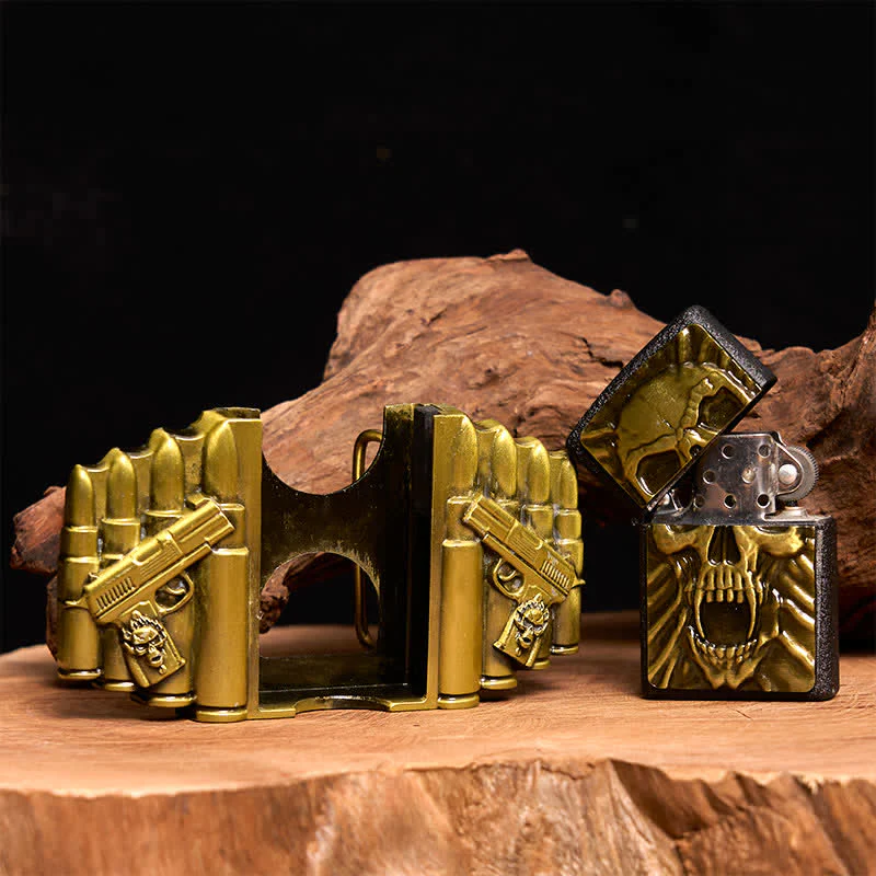 Men's DIY Bronze Scary Skull Head Leather Belt With Hidden Lighter - Image 2