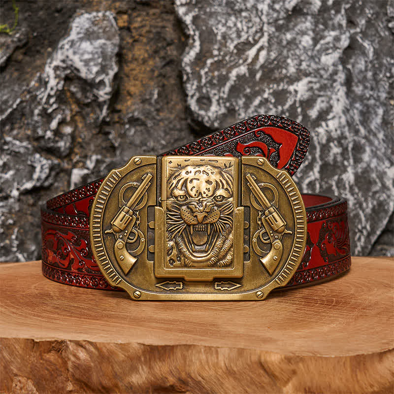 Men's DIY Bronze Tiger Wildlife Leather Belt with Hidden Lighter - Image 7