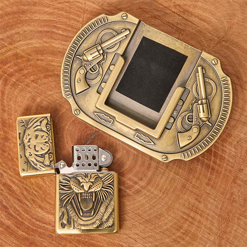 Men's DIY Bronze Tiger Wildlife Leather Belt with Hidden Lighter - Image 9