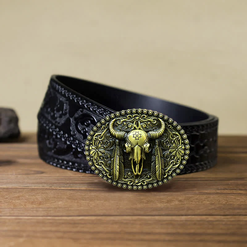 Men's DIY Bull Ethnic Feather Decor Buckle Leather Belt - Image 16