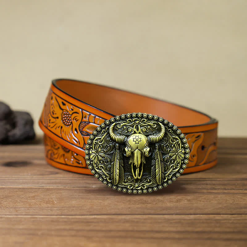 Men's DIY Bull Ethnic Feather Decor Buckle Leather Belt - Image 19