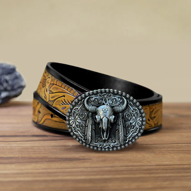 Men's DIY Bull Ethnic Feather Decor Buckle Leather Belt - Image 9