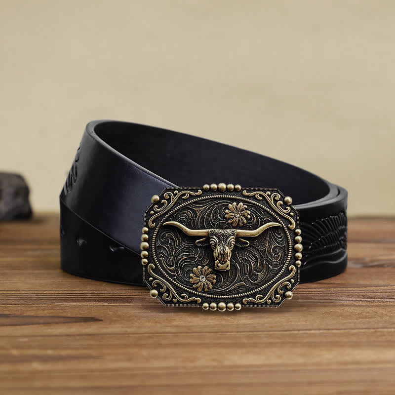 Men's DIY Bull Floral Rhinestone Buckle Leather Belt - Image 4