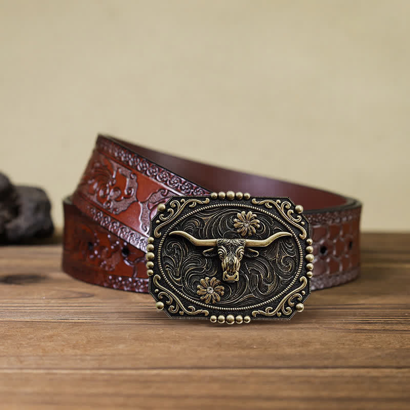 Men's DIY Bull Floral Rhinestone Buckle Leather Belt - Image 7