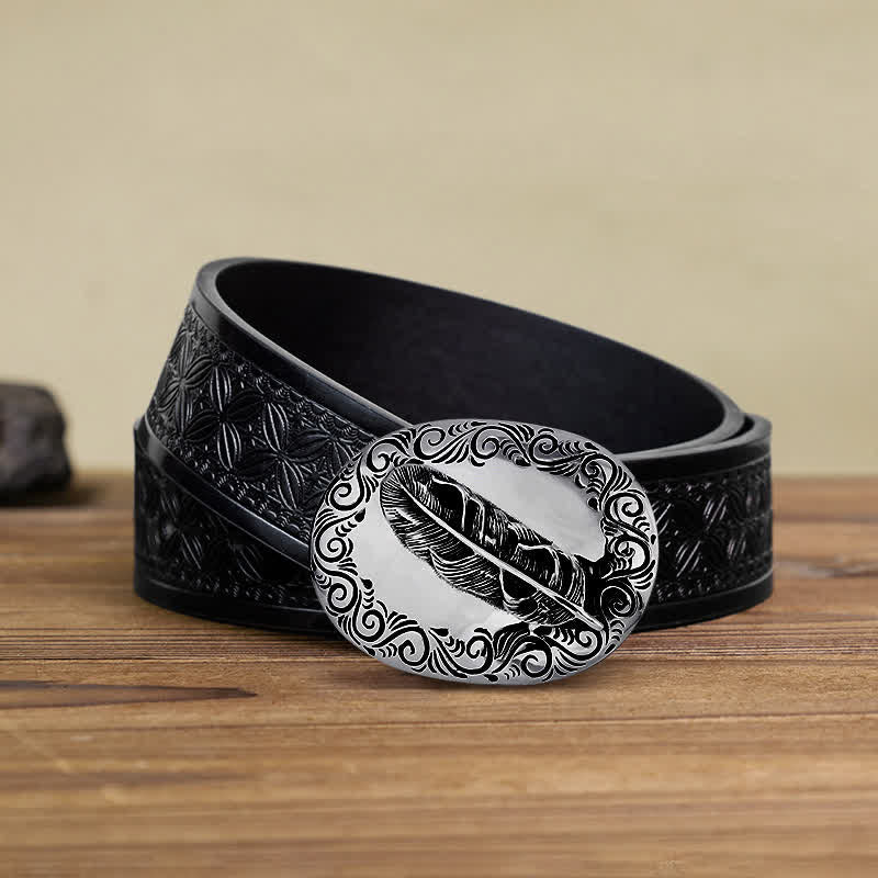 Men's DIY Charming Carved Feather Buckle Leather Belt - Image 7