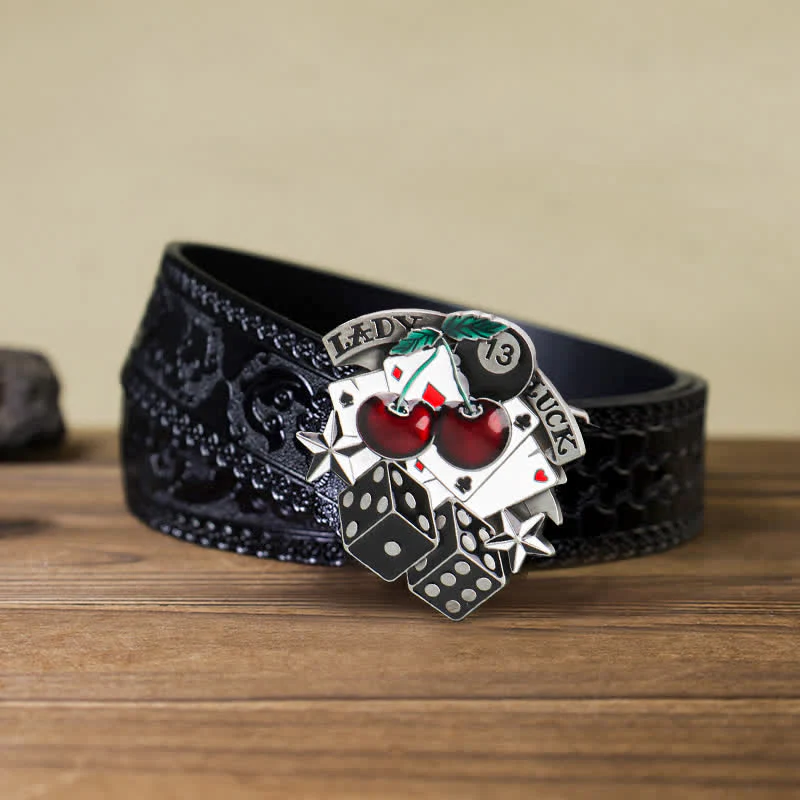 Men's DIY Cherry Poker Dice Buckle Leather Belt - Image 6