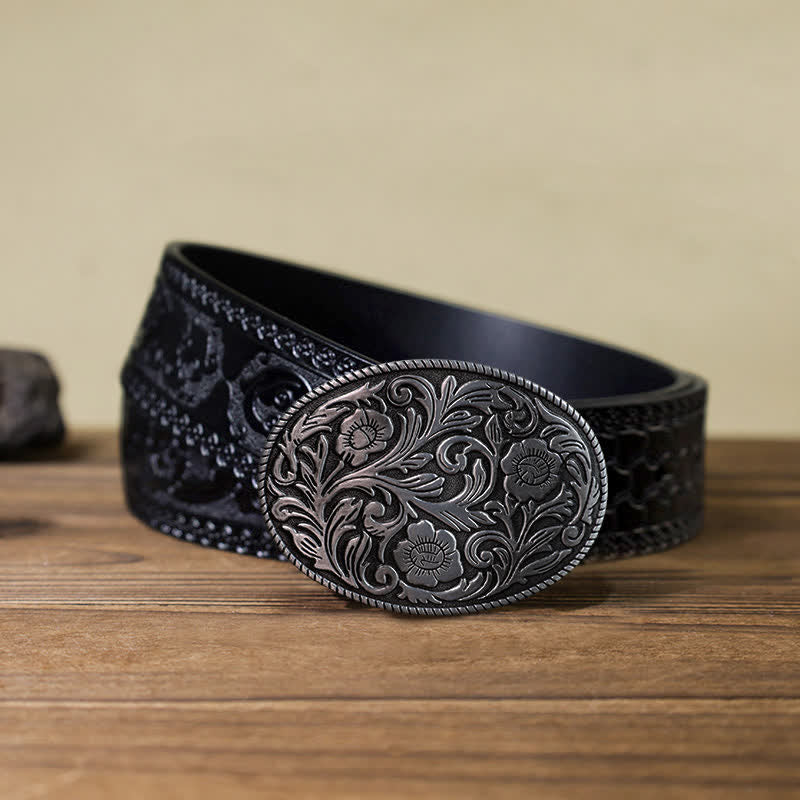 Men's DIY Classical Floral Oval Buckle Leather Belt - Image 11