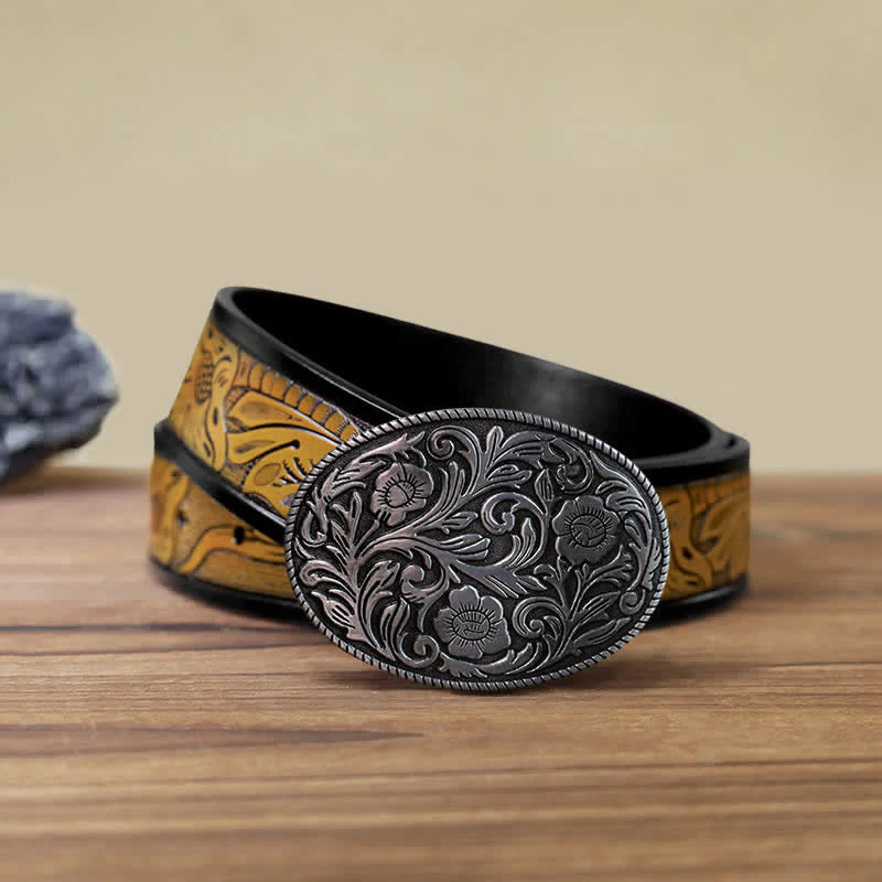 Men's DIY Classical Floral Oval Buckle Leather Belt - Image 15