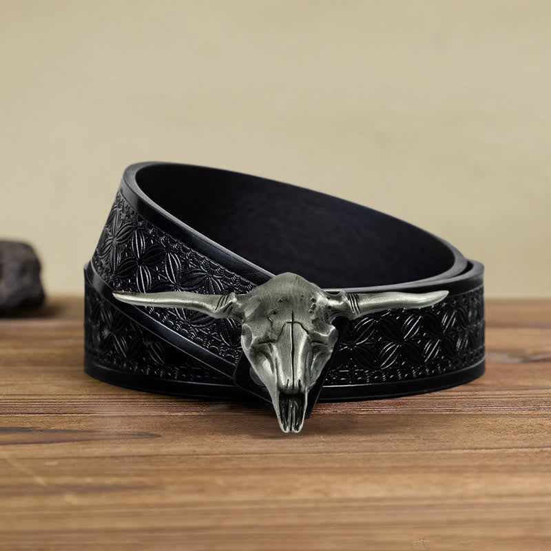 Men's DIY Cool Western Longhorn Bull Buckle Leather Belt - Image 8