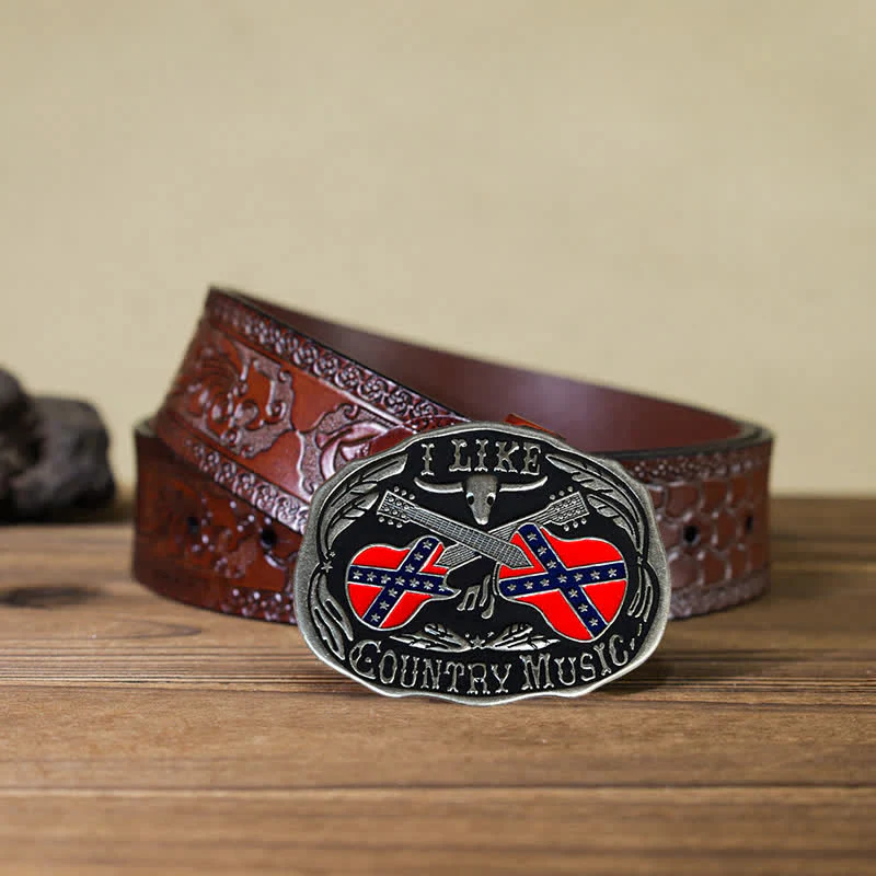 Men's DIY Country Music Guitar Bull Buckle Leather Belt - Image 8
