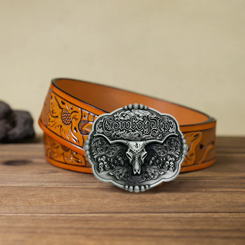 Men's DIY Cowboy Gothic Skull Bull Buckle Leather Belt - Image 10